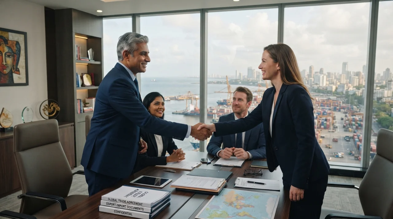 Business leaders connecting at an international trade meeting