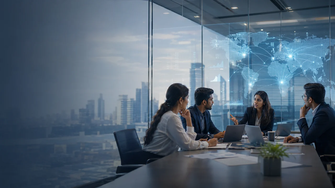 Business professionals discussing opportunities across a connected world